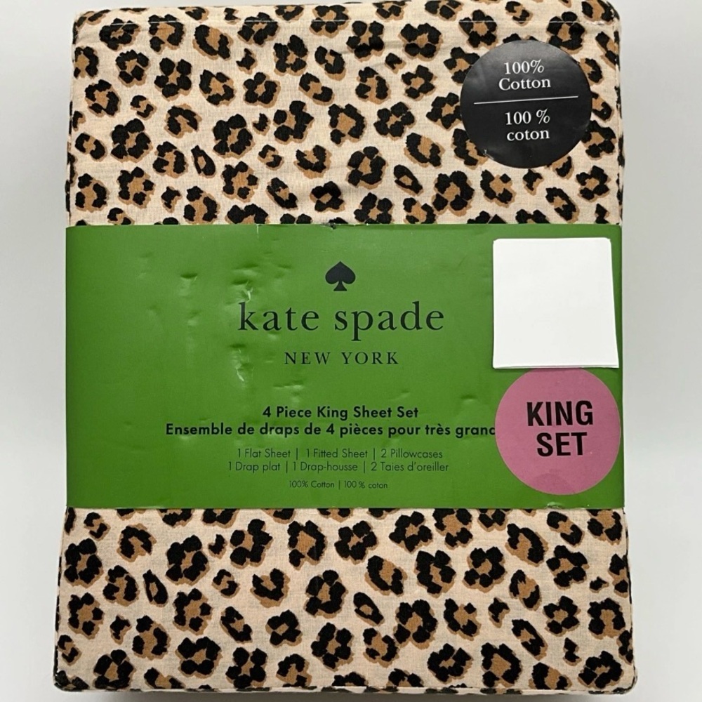 Kate Spade Cotton Leopard Animal Print 4pc Flat Fitted Cases Sheet Set KING. NEW